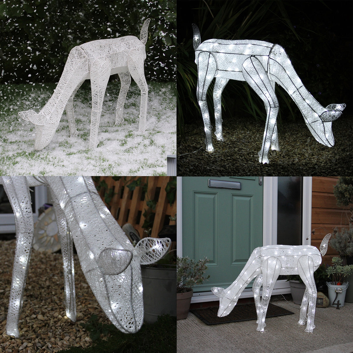 Renna di Natale luminosa femmina in bianco, realizzata con una struttura intrecciata e illuminata, ideale per decorazioni festive