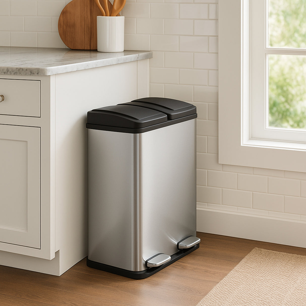 Pattumiera a due compartimenti, 60 Litri - Acciaio