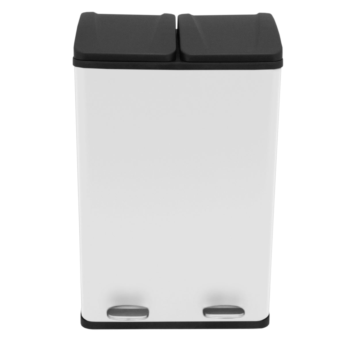 Pattumiera a due compartimenti da 60 litri, design moderno, corpo bianco lucido e coperchio nero, ideale per la raccolta differenziata