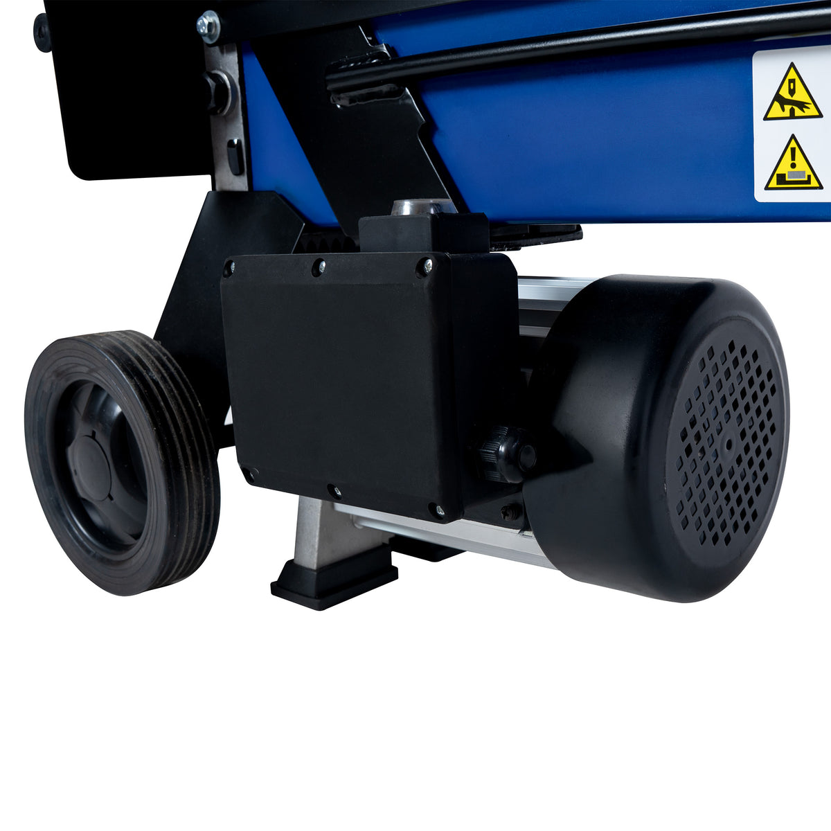 Motore elettrico nero con griglia di ventilazione, montato su una base robusta, accanto a ruote grigie di un attrezzo blu