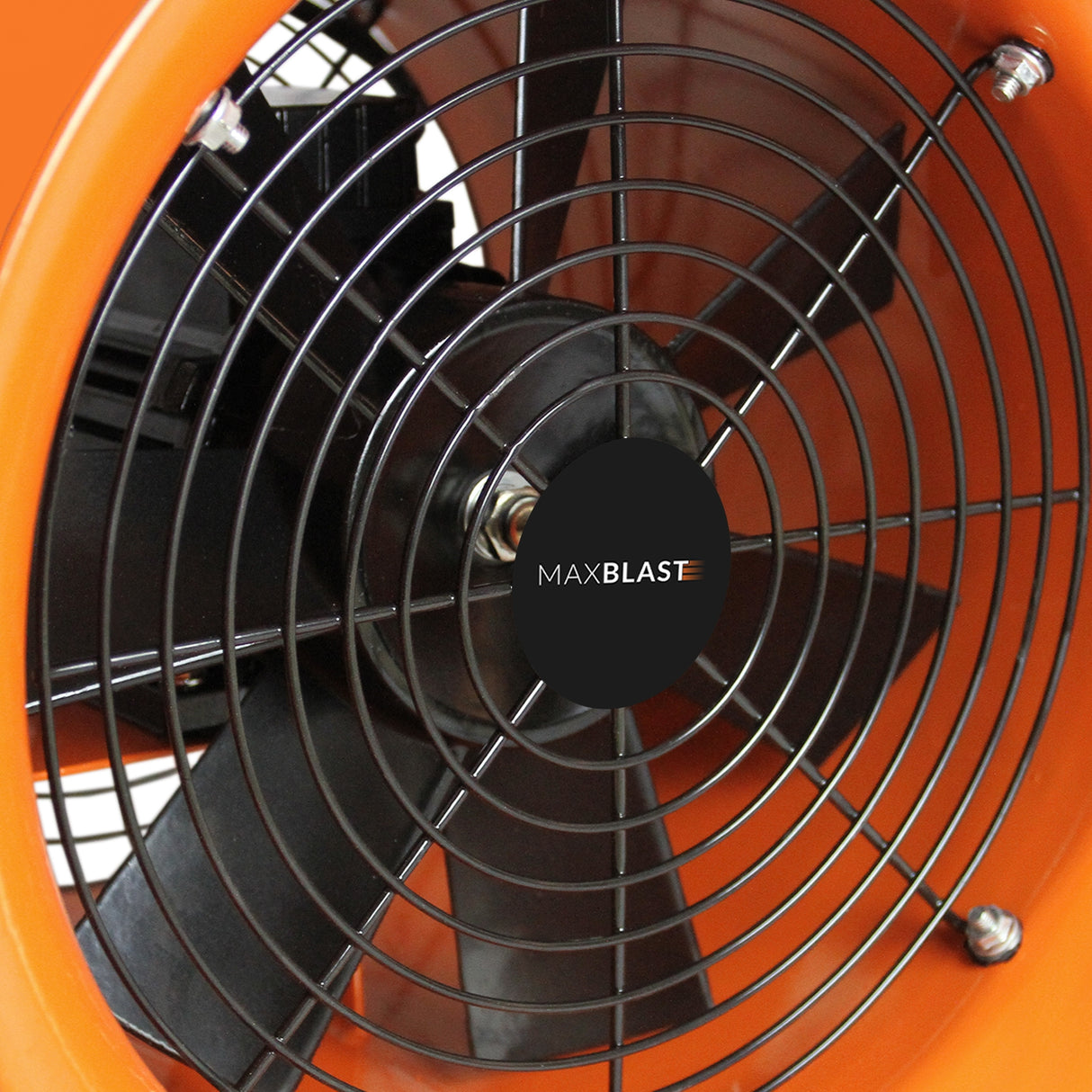Ventola di aspirazione arancione da 300 mm con griglia nera, design robusto e pale nere, ideale per sistemi di ventilazione e aspirazione