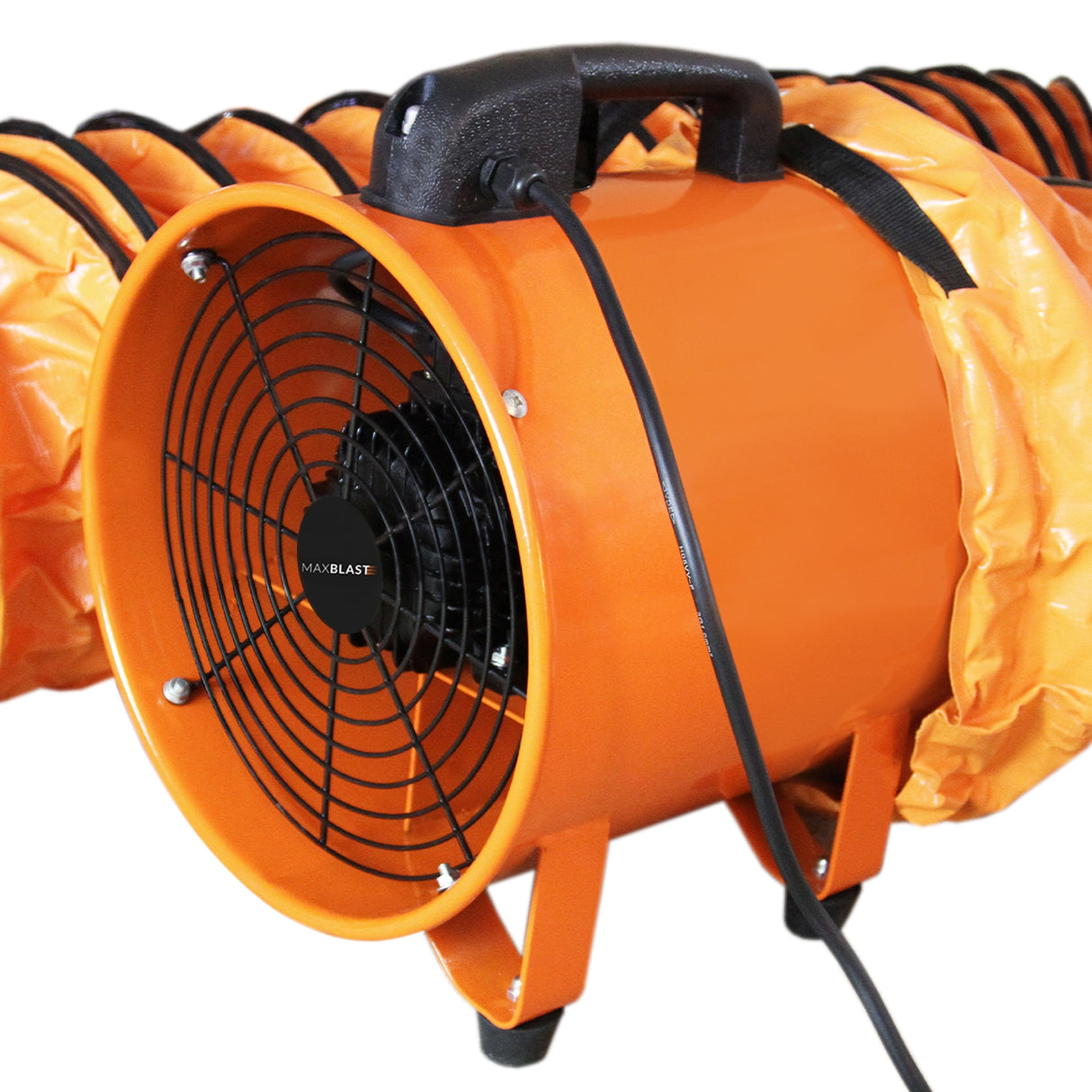 Ventola di aspirazione arancione con manico, griglia nera, tubo flessibile arancione lungo 12m, progettata per un'efficace ventilazione