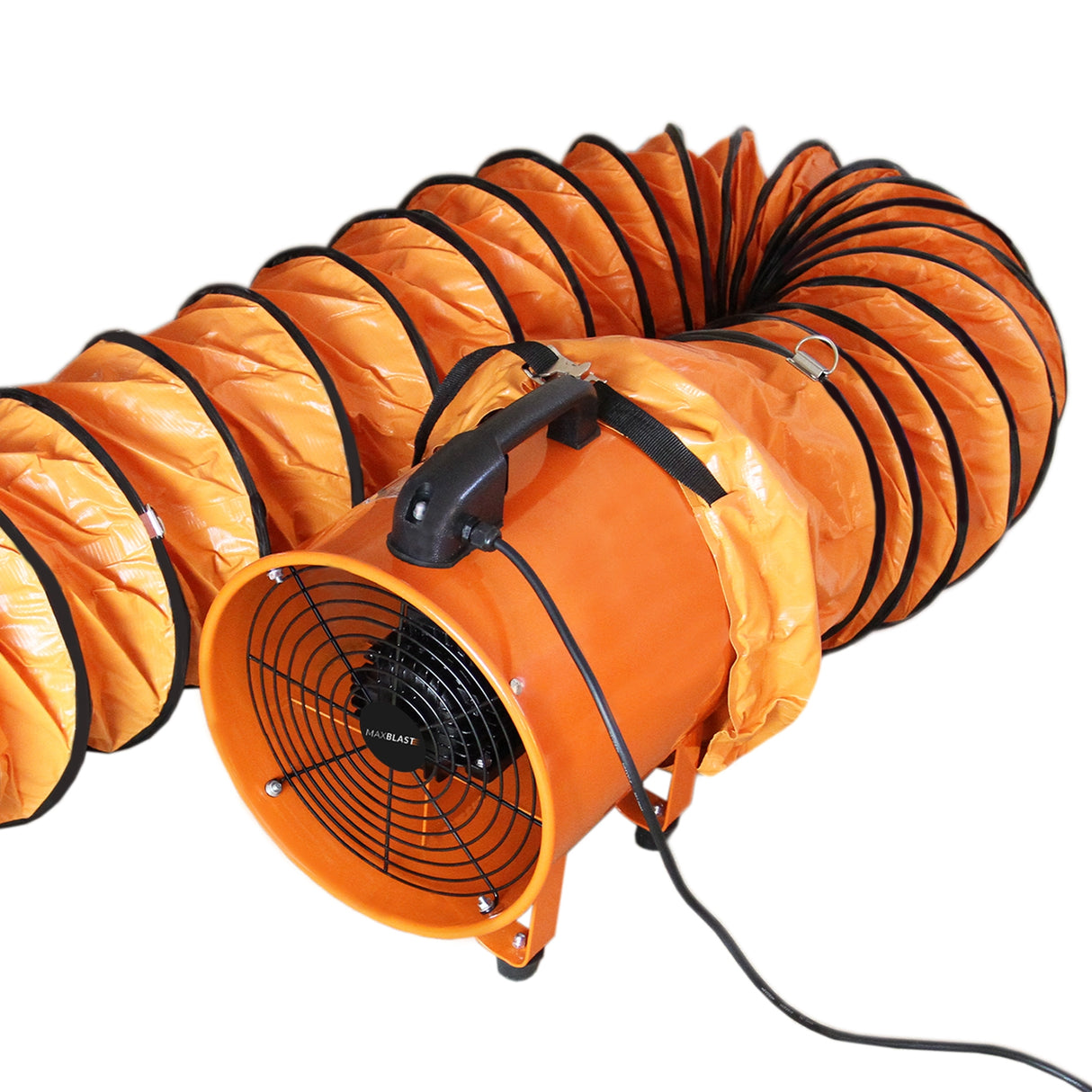 Ventola di aspirazione arancione con tubo flessibile nero di 12m, progettata per un'efficace ventilazione e aspirazione dell'aria