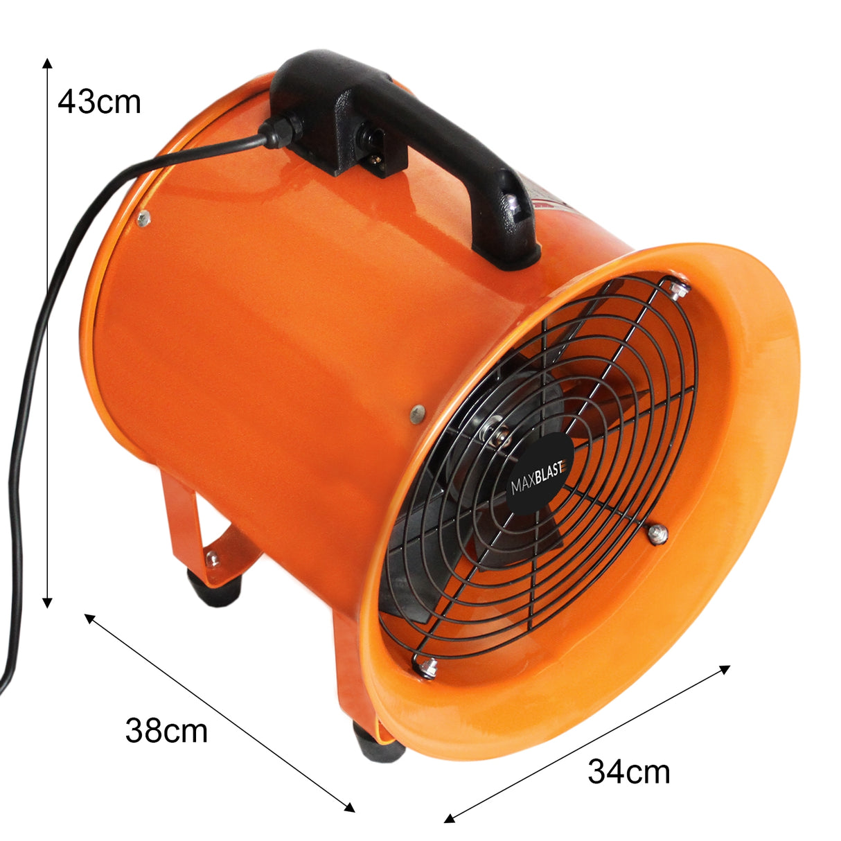 Ventola di aspirazione arancione da 300mm con manico, griglia nera e ruote, dimensioni 43x34x38cm, ideale per ventilazione e asciugatura