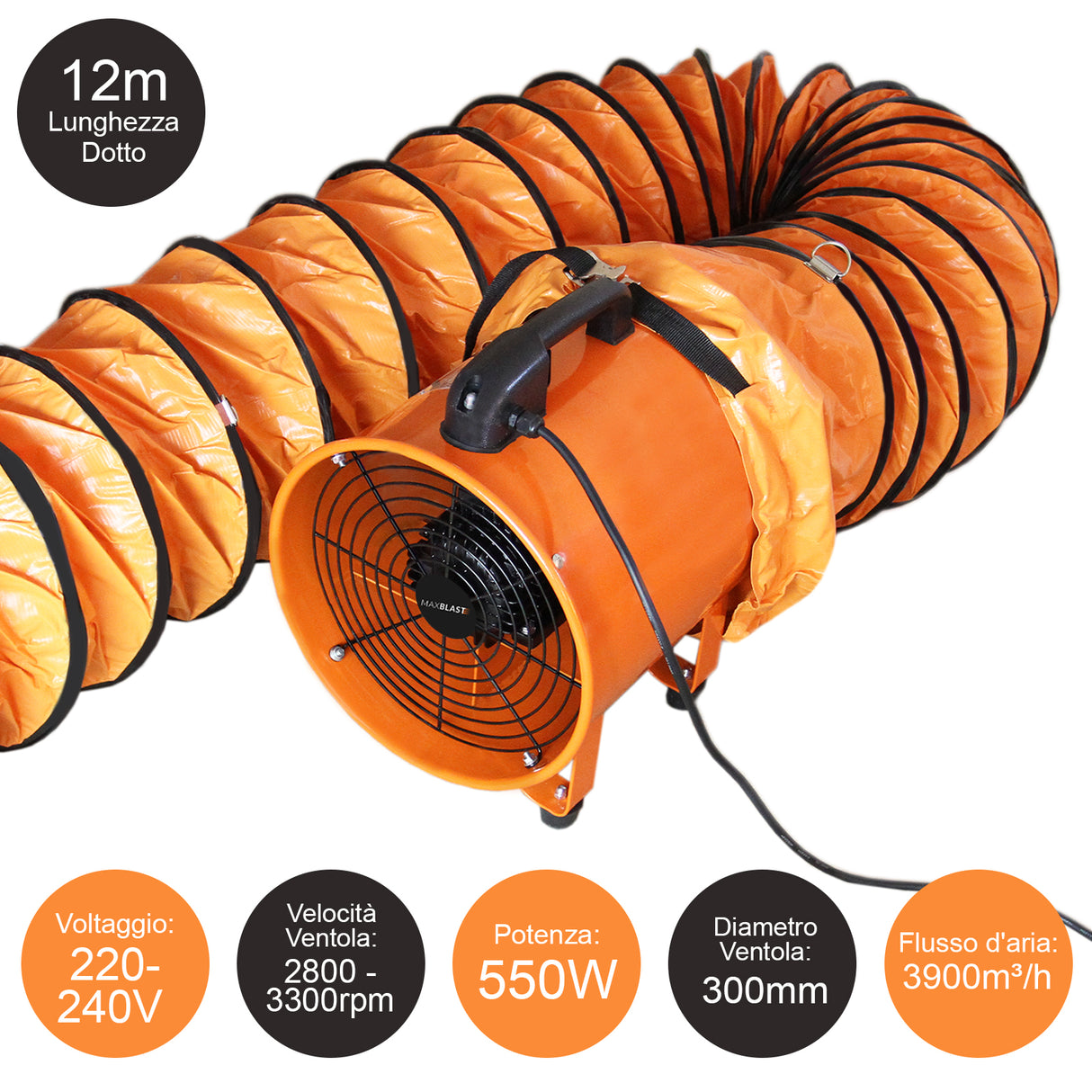 Ventola di aspirazione Dotto da 300mm, tubo arancione lungo 12m, potente motore da 550W, flusso d'aria 3900m³/h, design robusto