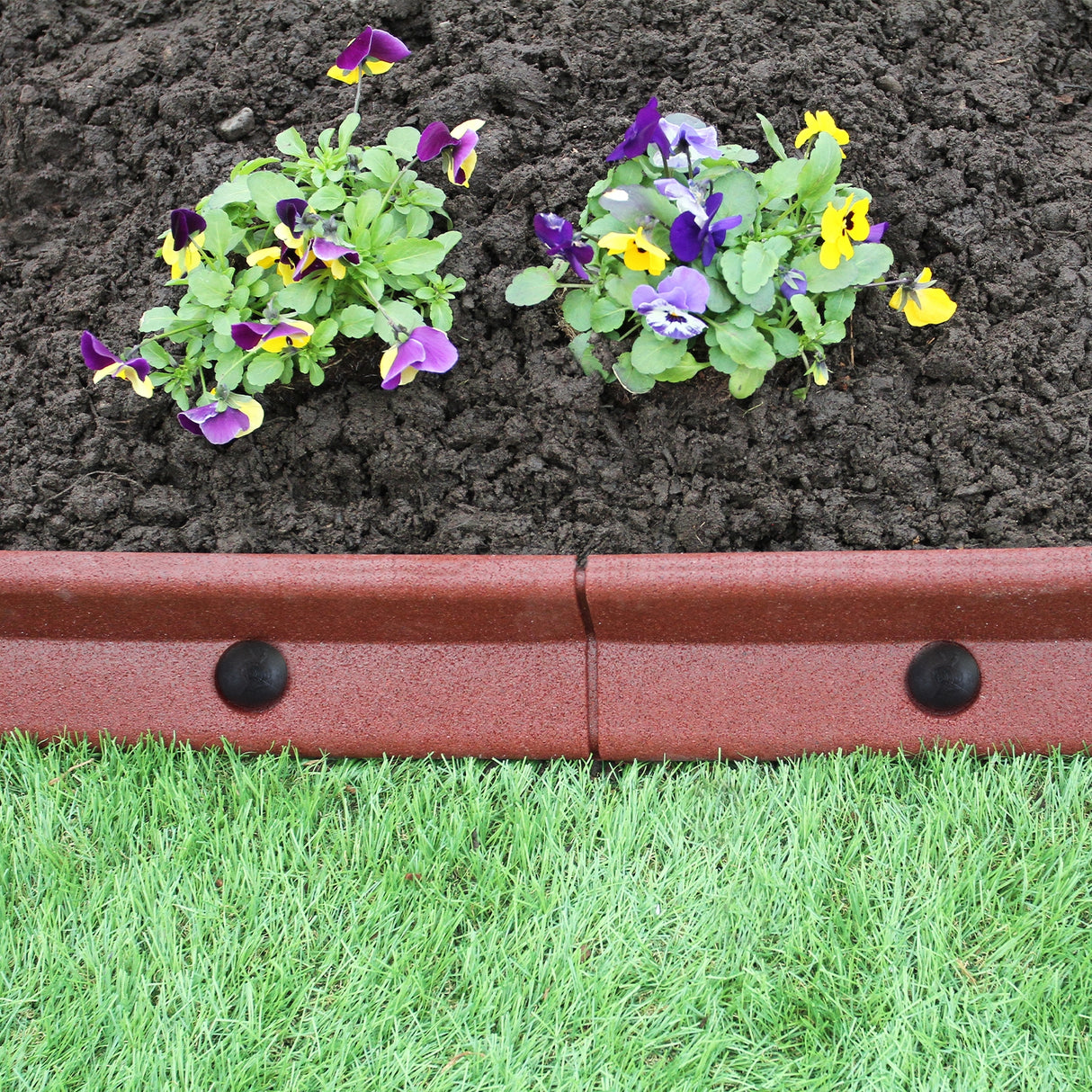 Bordatura da giardino flessibile in terracotta, con fiori colorati e terreno scuro, ideale per delimitare aiuole e spazi verdi