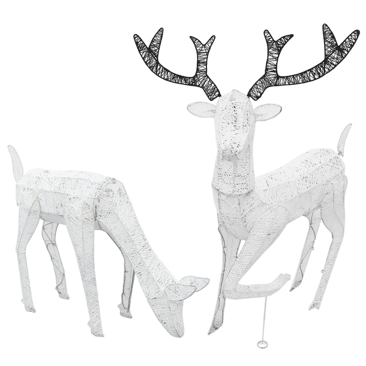 Renne di Natale luminose, maschio e femmina, in bianco con dettagli neri, realizzati in materiale intrecciato e luminoso