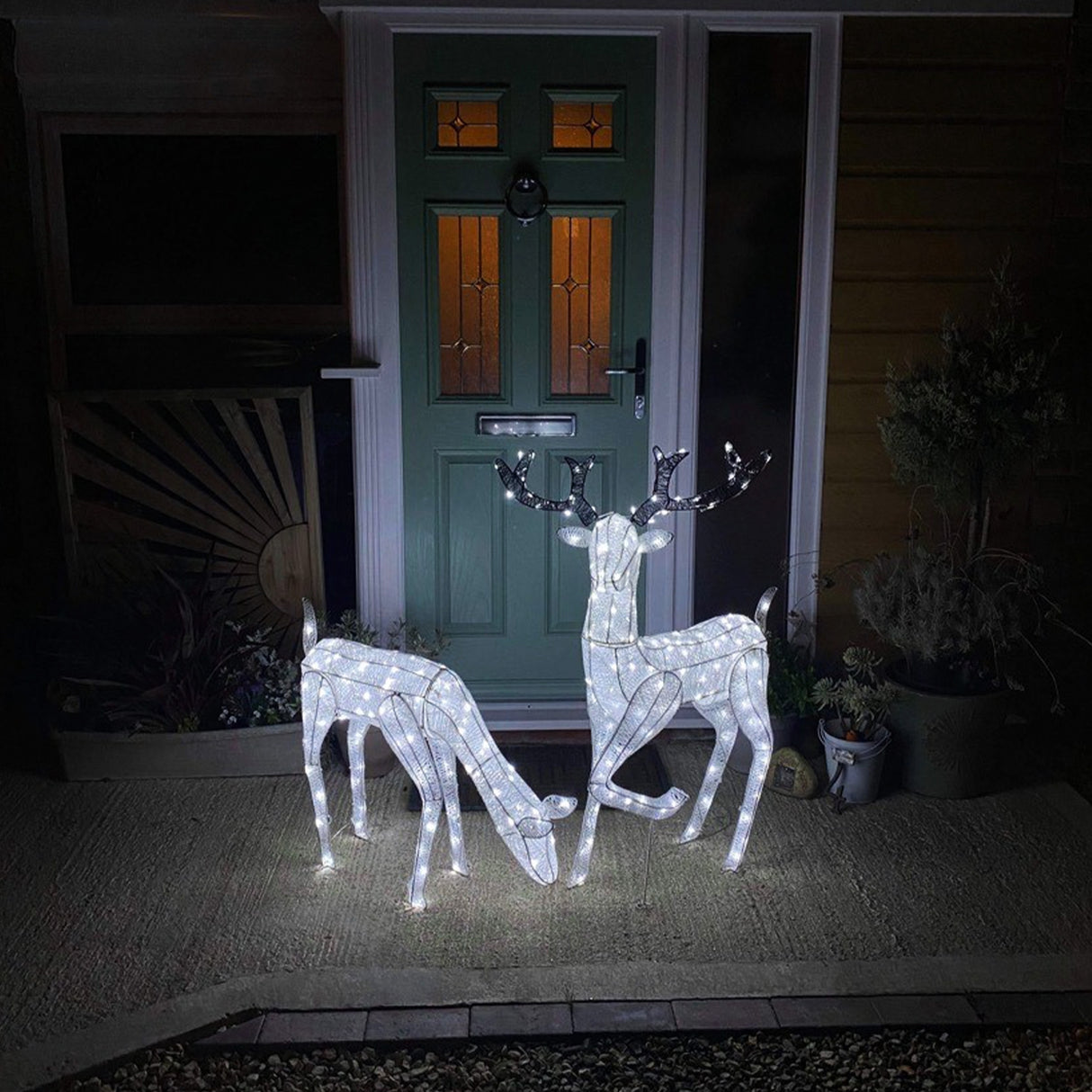 Renne di Natale luminose maschio e femmina, realizzati in rete bianca, decorati con luci LED, posizionati davanti a una porta verde