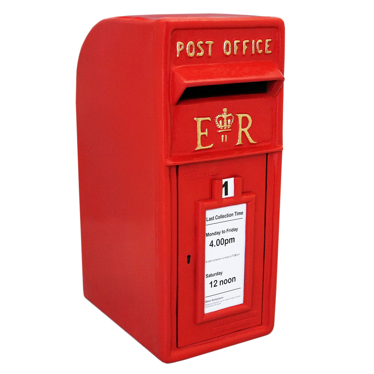 Cassetta postale britannica rossa con piedistallo, decorata con dettagli dorati e sportello per la raccolta della posta