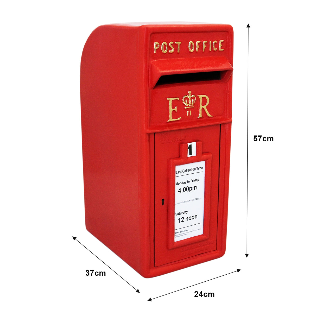 Cassetta postale britannica rossa con piedistallo, dettagli dorati, dimensioni 57x37x24 cm, ideale per esterni e decorazioni vintage