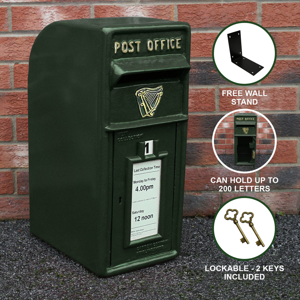 Cassetta postale britannica verde con finitura opaca, logo dorato, fessura per lettere e chiusura sicura, ideale per esterni