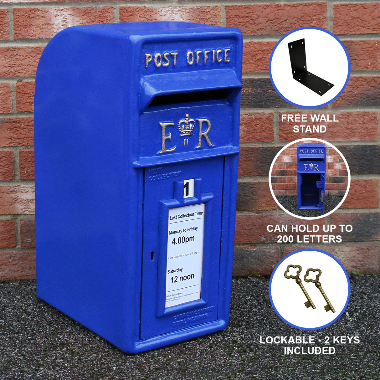 Cassetta postale britannica blu con dettagli dorati, design classico, chiusura sicura e supporto a parete incluso, ideale per uso esterno