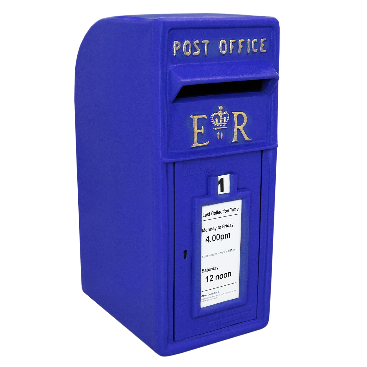 Cassetta postale britannica blu con dettagli dorati, scritta "POST OFFICE" e orari di raccolta visibili sulla parte frontale