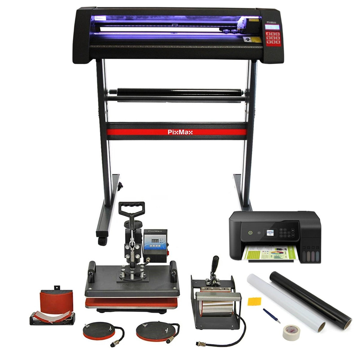 Pressa a caldo 5 in 1 con stampante inclusa, struttura nera, rulli per taglio vinile, accessori vari e materiali colorati per personalizzazione