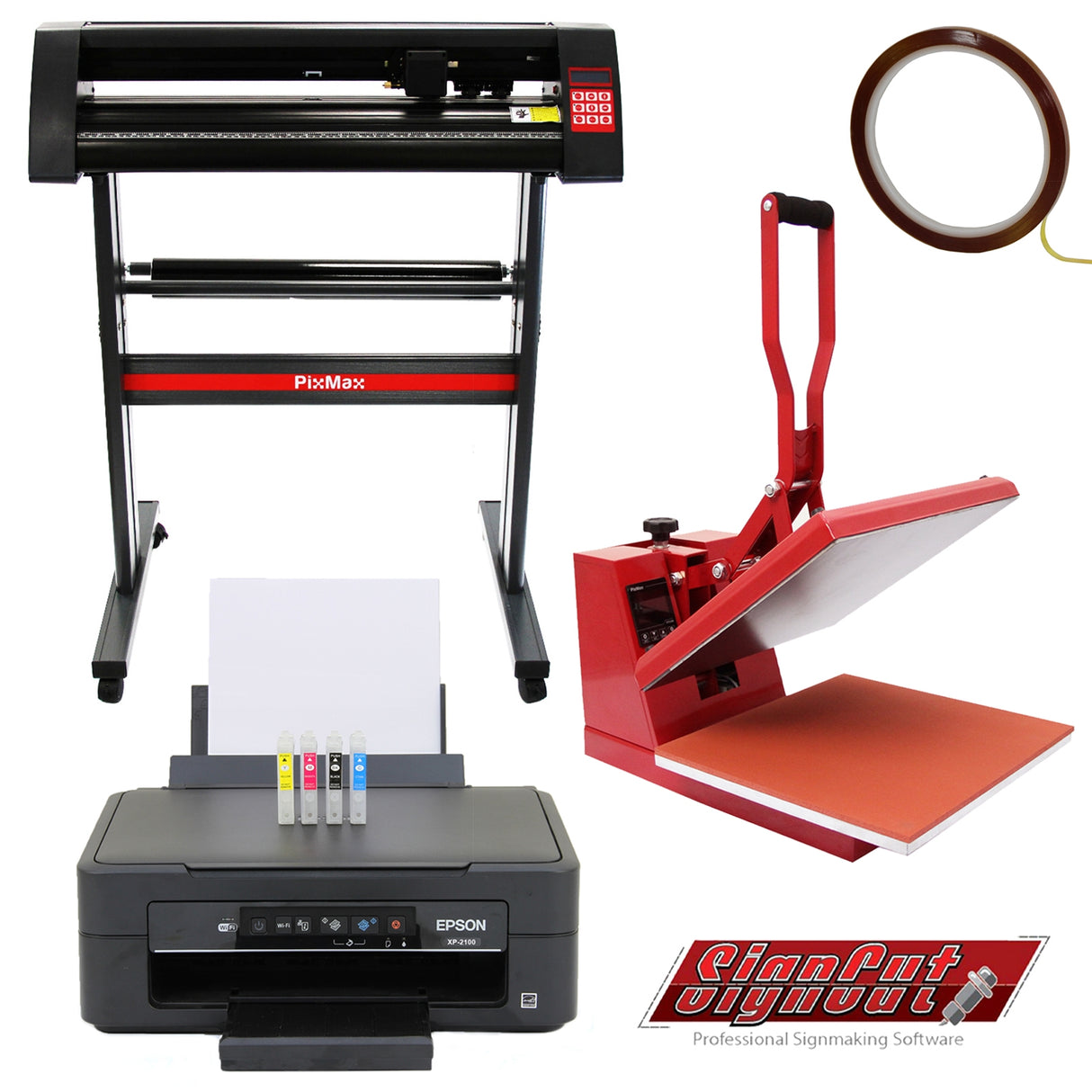 Pressa a caldo rossa, taglierina per vinile nera, stampante Epson e rotolo di vinile, tutti progettati per la personalizzazione grafica