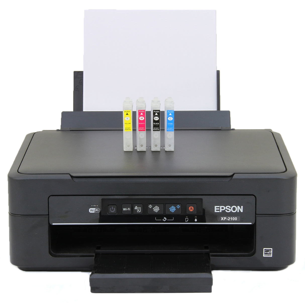 Stampante Epson XP-2100 nera con cartucce colorate, carta bianca sopra e pulsanti di controllo sul pannello frontale