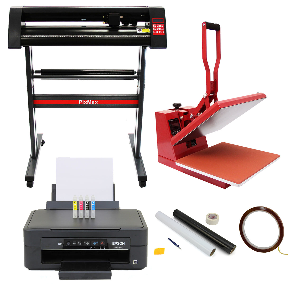 Pressa a conchiglia da 38 cm, taglierina per vinile da 720 mm, stampante Epson e kit per la rimozione delle erbacce