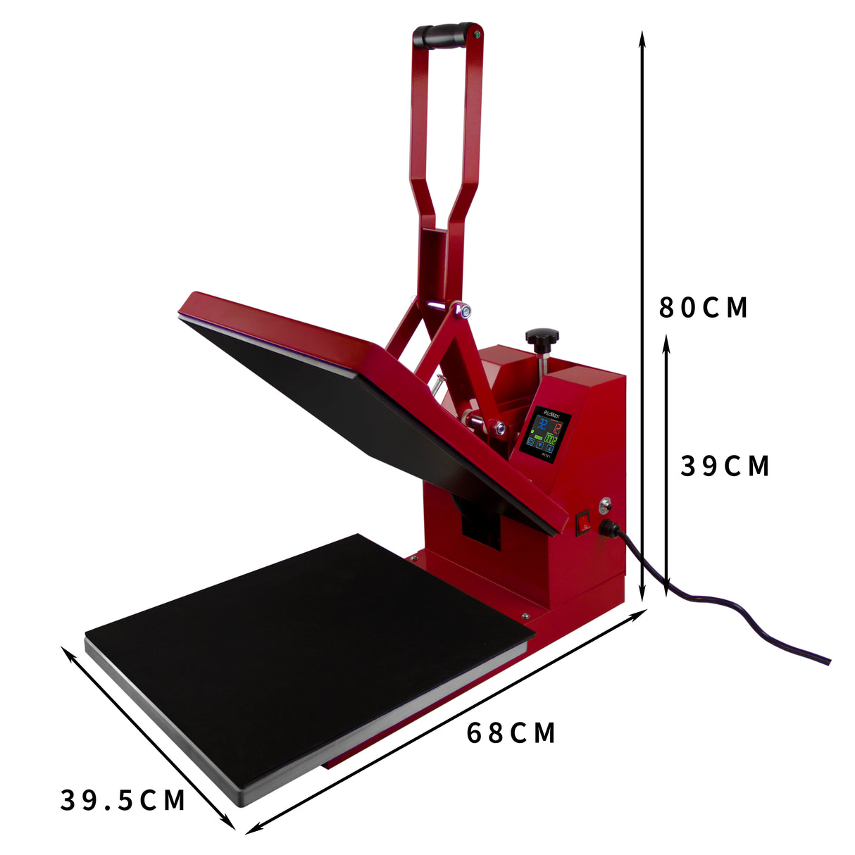 Pressa a caldo rossa con piano di lavoro nero, dimensioni 38 x 38 cm, manico ergonomico e display digitale per impostazioni precise