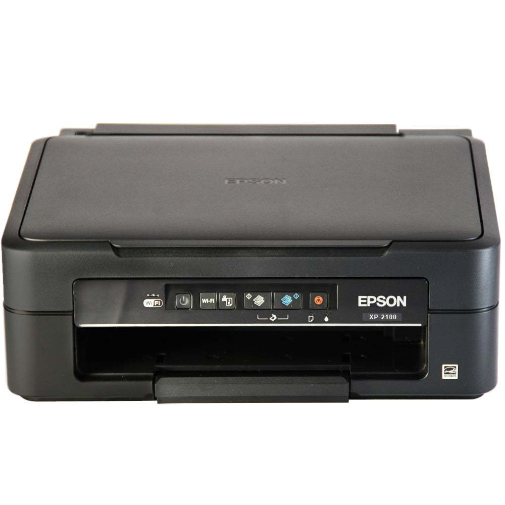 Stampante compatta Epson XP-2100 di colore nero, con pannello di controllo intuitivo e design elegante, ideale per uso domestico e ufficio