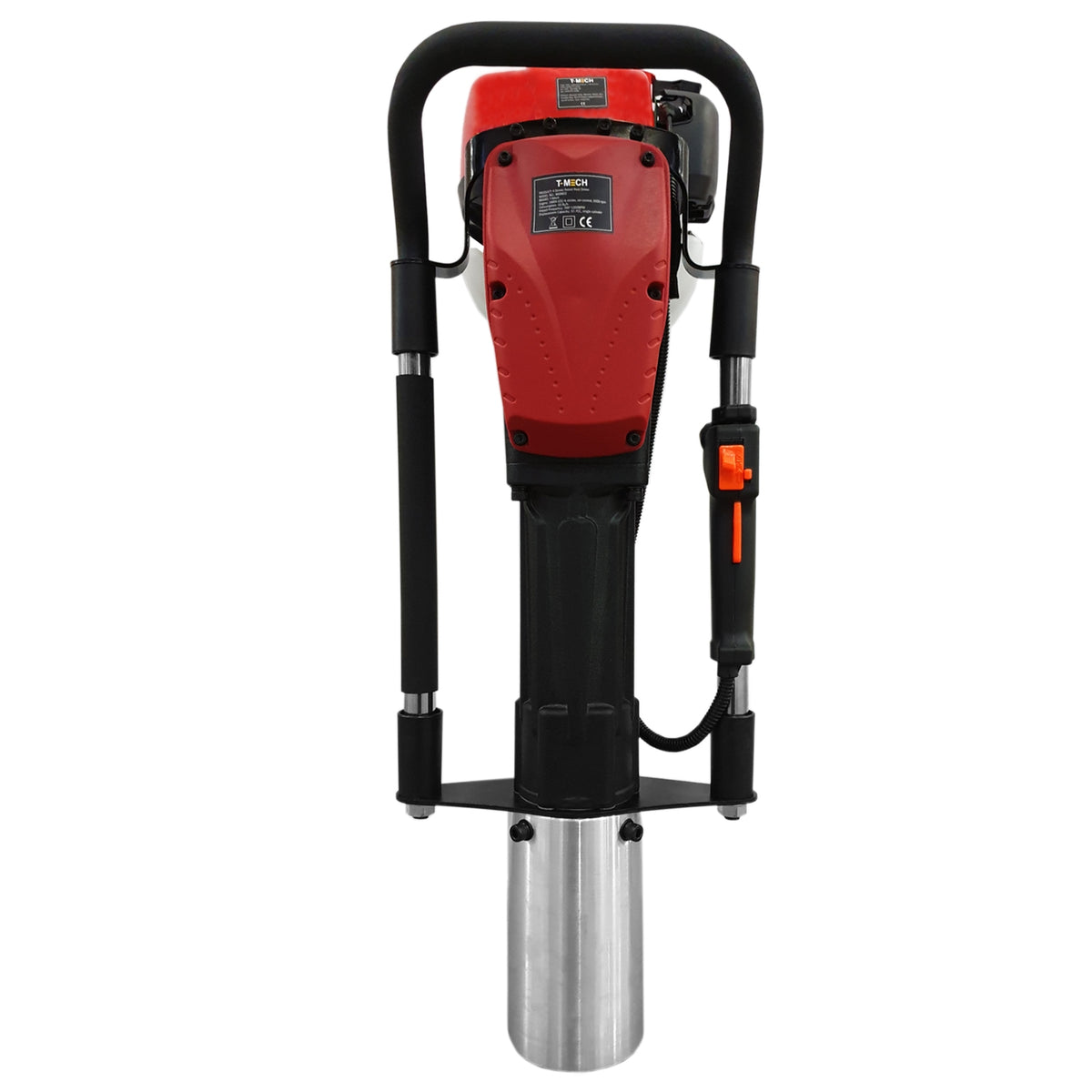 Trivella T-Mech rossa e nera per montaggio pali, con manico ergonomico e corpo in metallo lucido, progettata per forare la terra