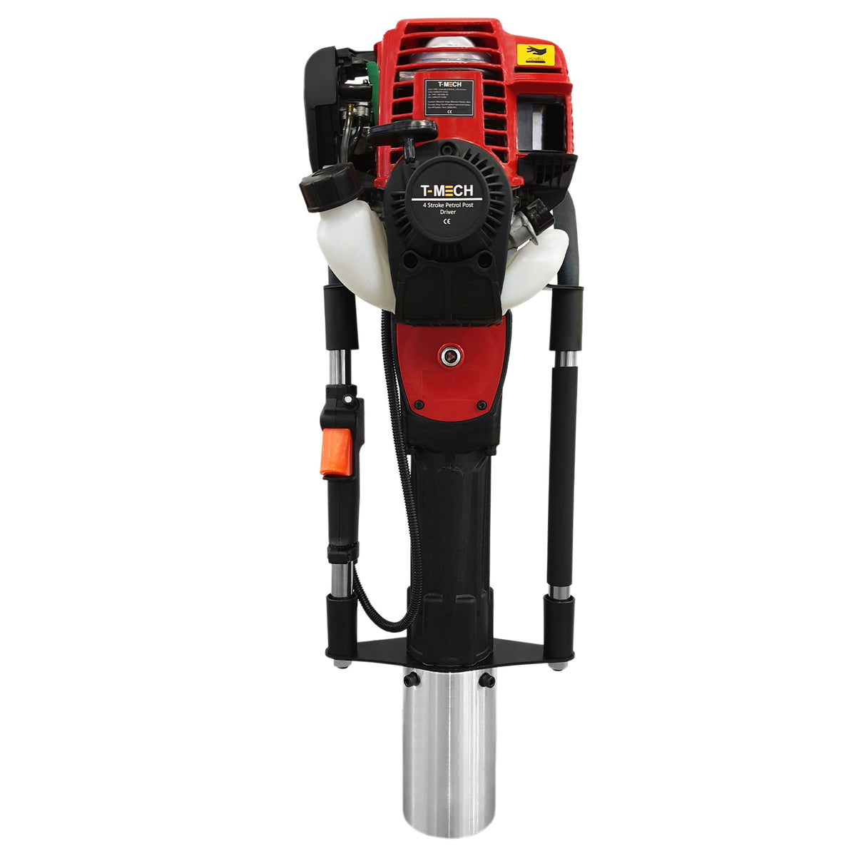 Trivella T-Mech rossa e nera con motore a 4 tempi, design robusto, manico ergonomico e tubo in acciaio lucido per forare la terra