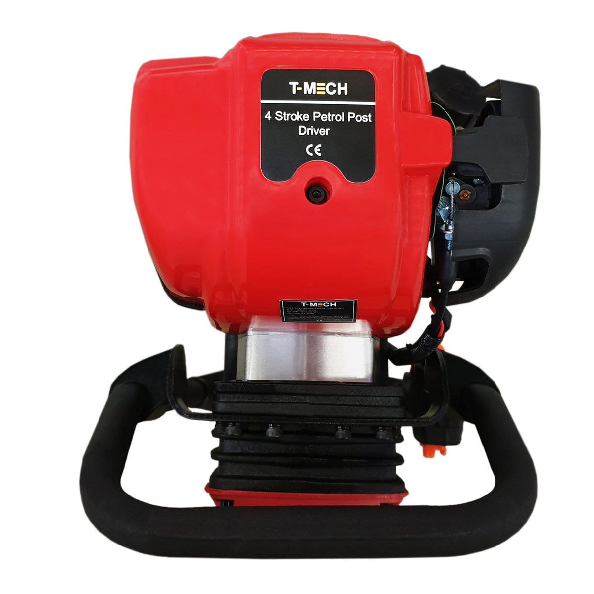 Trivella T-Mech rossa per montaggio pali, motore a 4 tempi, design robusto, manico ergonomico, ideale per lavori di giardinaggio e costruzione