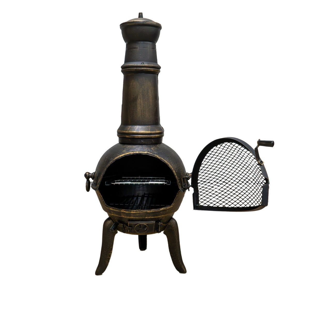 Caminetto bracere da giardino in metallo bronzeo, con ciminiera alta e griglia interna, design elegante e funzionale per esterni