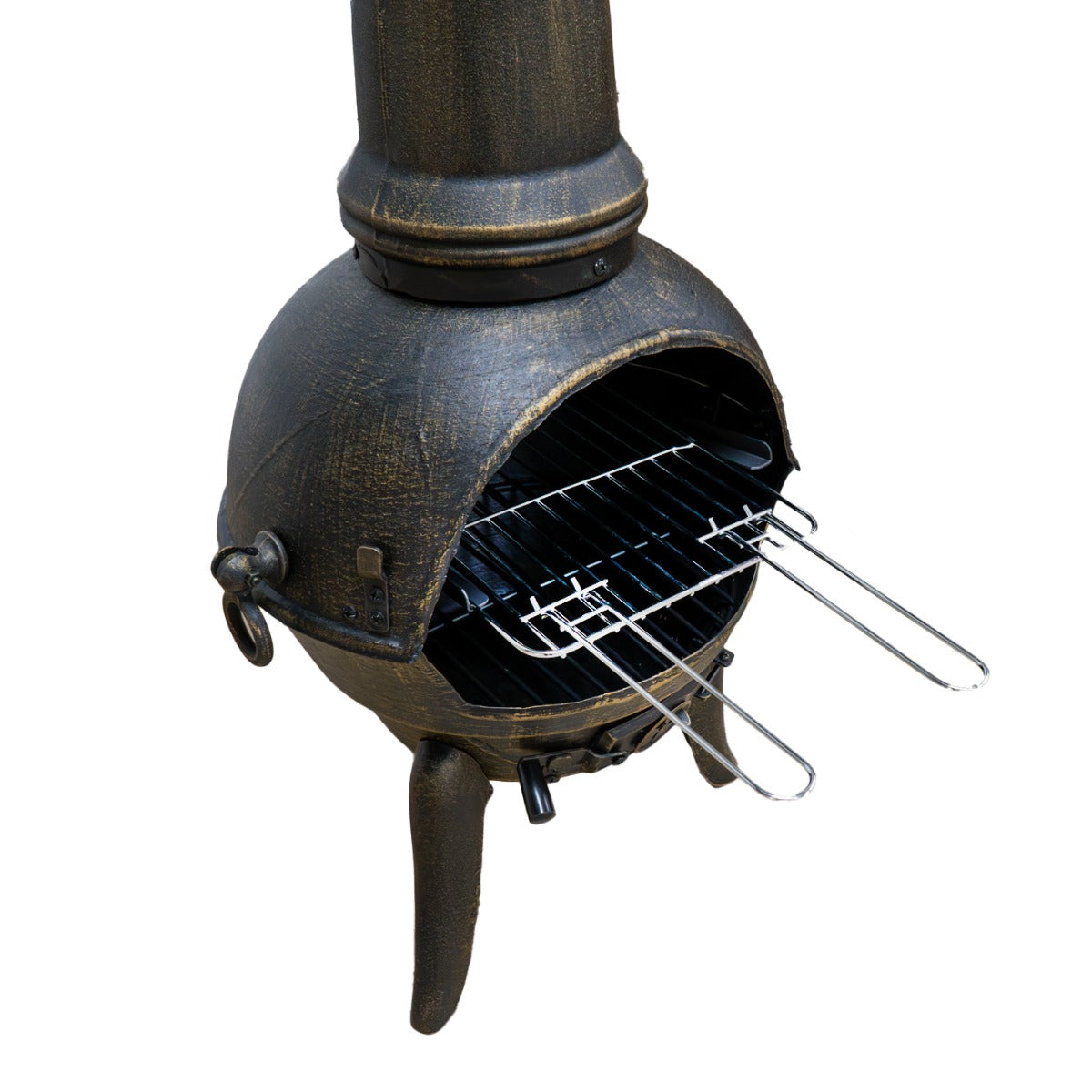 Caminetto bracere da giardino a ciminiera in metallo, finitura bronzo, con griglia estraibile e base stabile a tre gambe