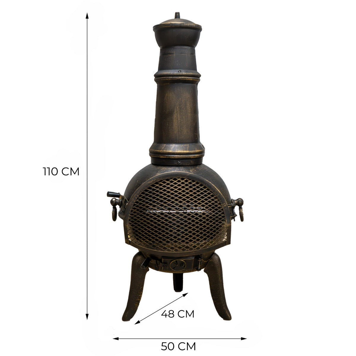 Caminetto bracere da giardino a ciminiera in metallo scuro, con griglia frontale e base stabile, altezza 110 cm, diametro 48 cm