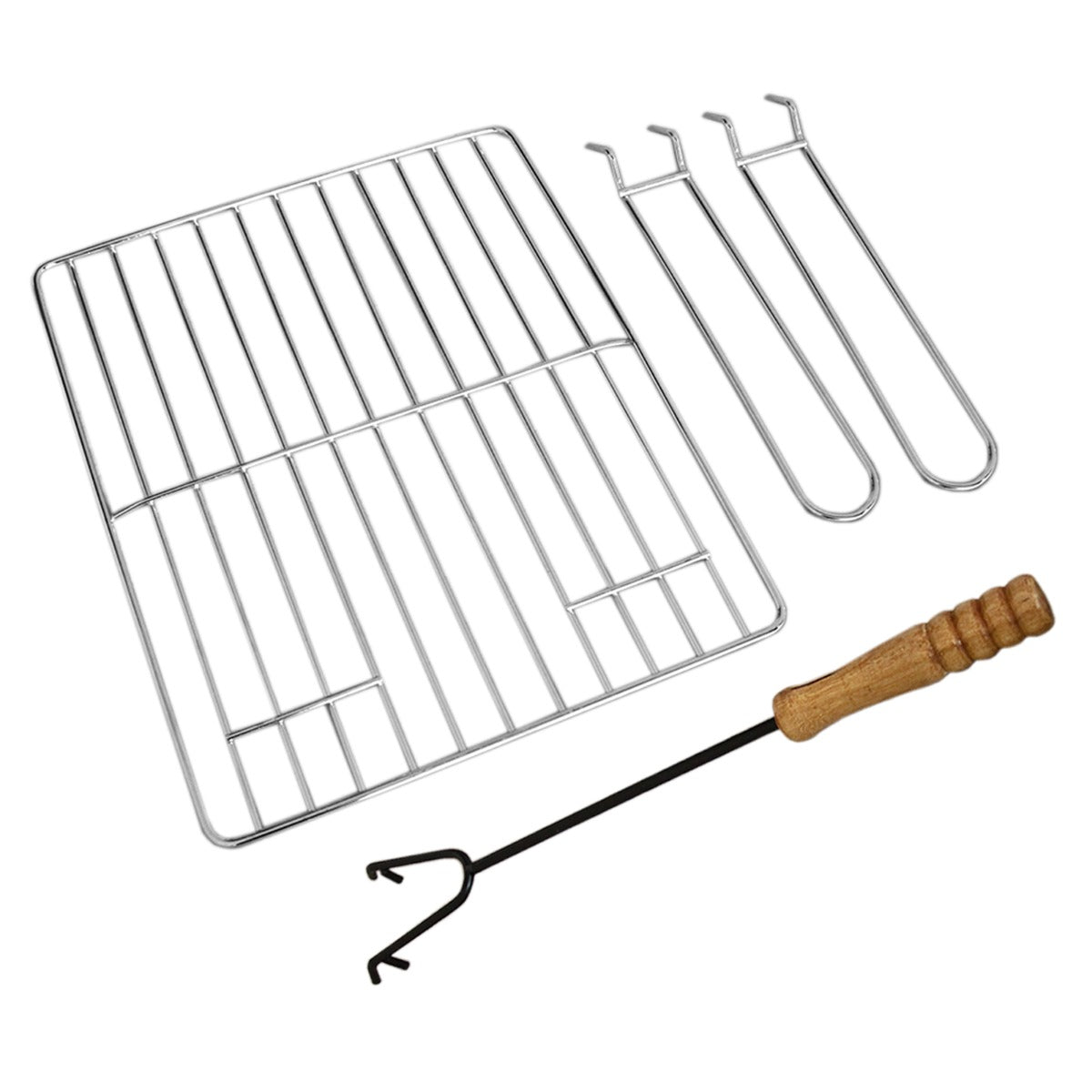 Griglia in acciaio inossidabile con manico in legno e tre ganci, ideale per barbecue e caminetti da giardino, resistente e pratico