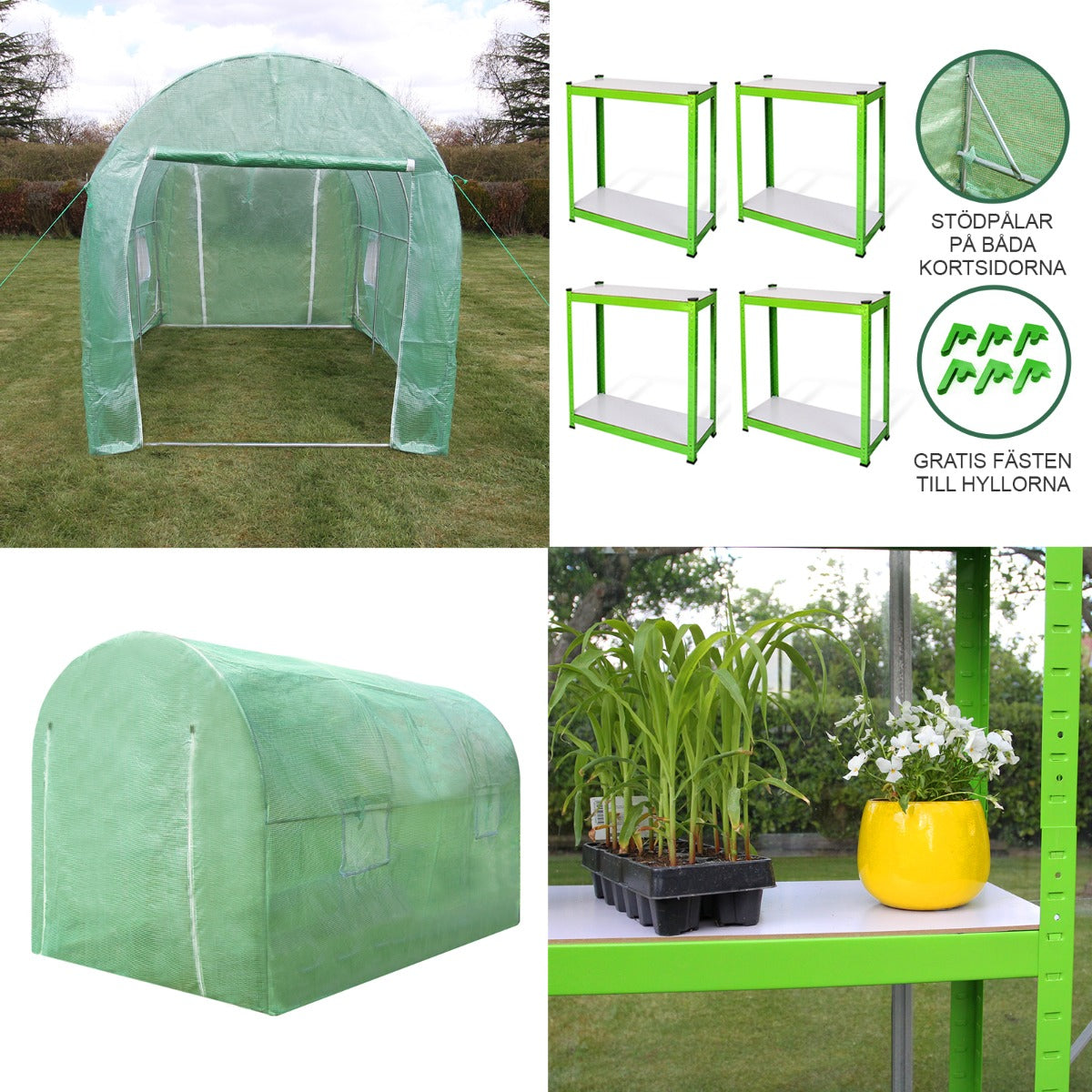 Serra da giardino a tunnel verde, 4m x 2m, con scaffali in metallo, ideale per piante, con rete traspirante e struttura resistente
