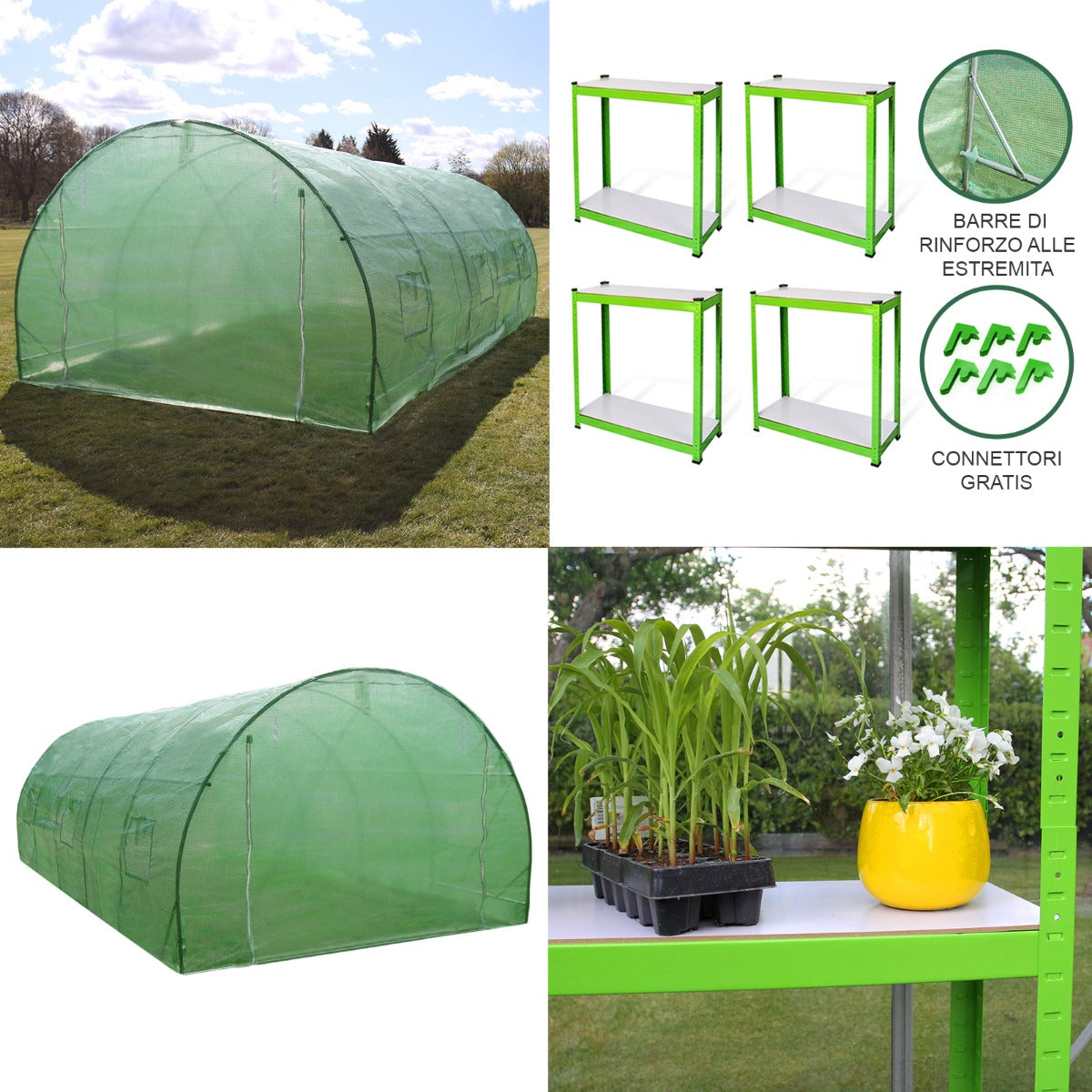 Serra da giardino a tunnel verde, 6m x 3m, con scaffali bianchi e giallo, ideale per piante e ortaggi, struttura robusta e resistente