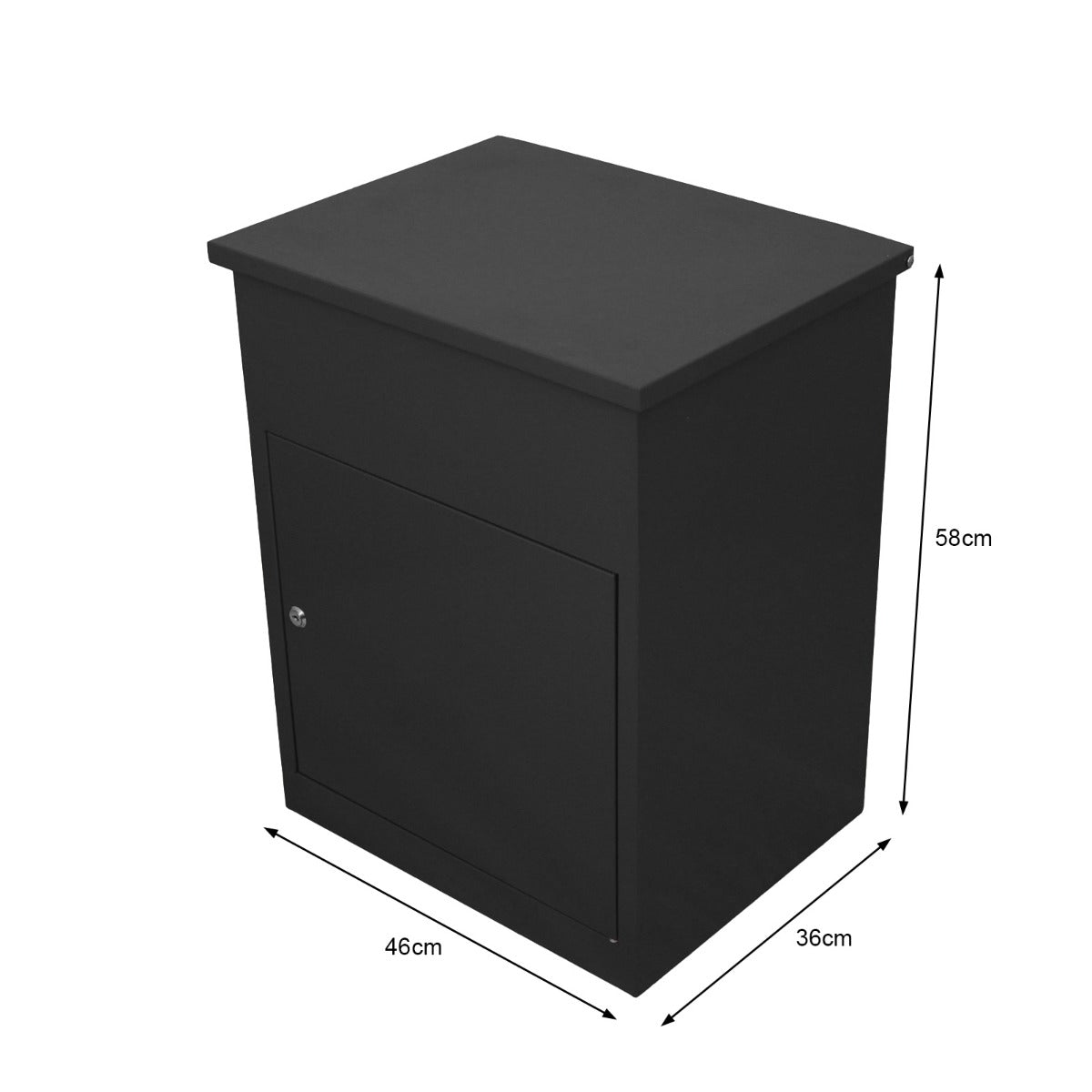 Cassetta postale per pacchi nera, design elegante e moderno, dimensioni 46x36x58 cm, con finitura liscia e chiusura sicura