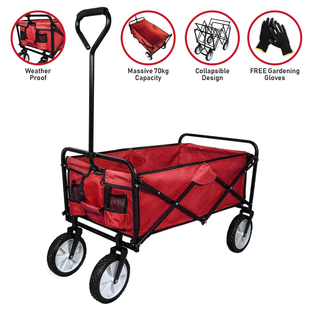Carrello per giardinaggio pieghevole rosso con manico nero, ruote robuste e tasche laterali, ideale per trasportare attrezzi e piante