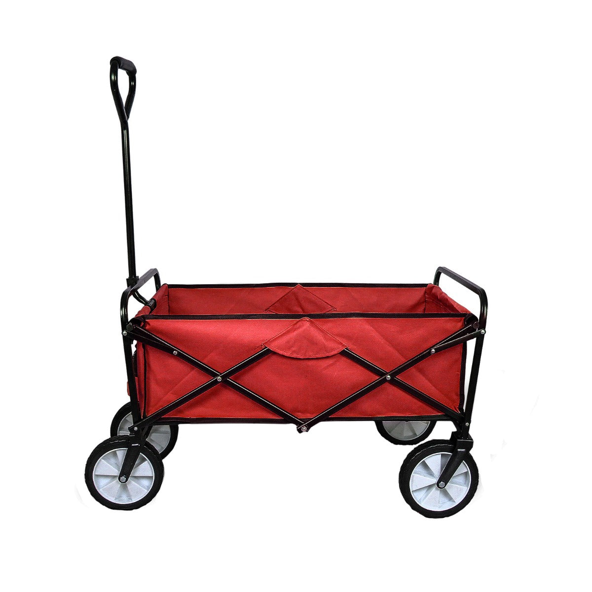 Carrello per giardinaggio pieghevole rosso con struttura nera, ruote grigie e manico ergonomico, ideale per trasportare attrezzi e piante