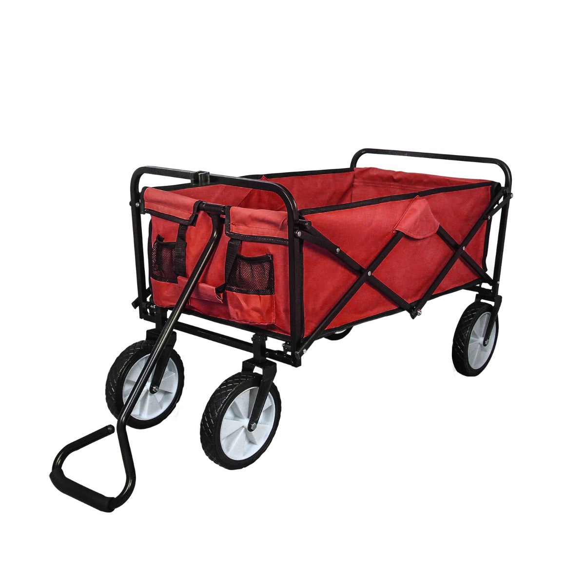 Carrello per giardinaggio pieghevole rosso con struttura nera, ruote robuste e tasche laterali per un facile trasporto di attrezzi