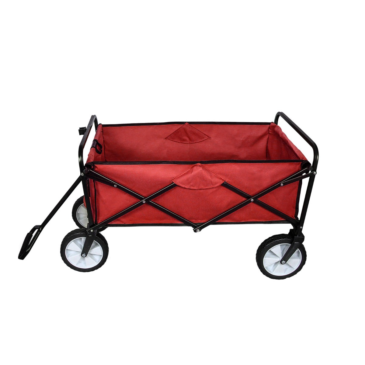 Carrello per giardinaggio pieghevole di colore rosso, con telaio nero e ruote bianche, ideale per trasportare attrezzi e piante