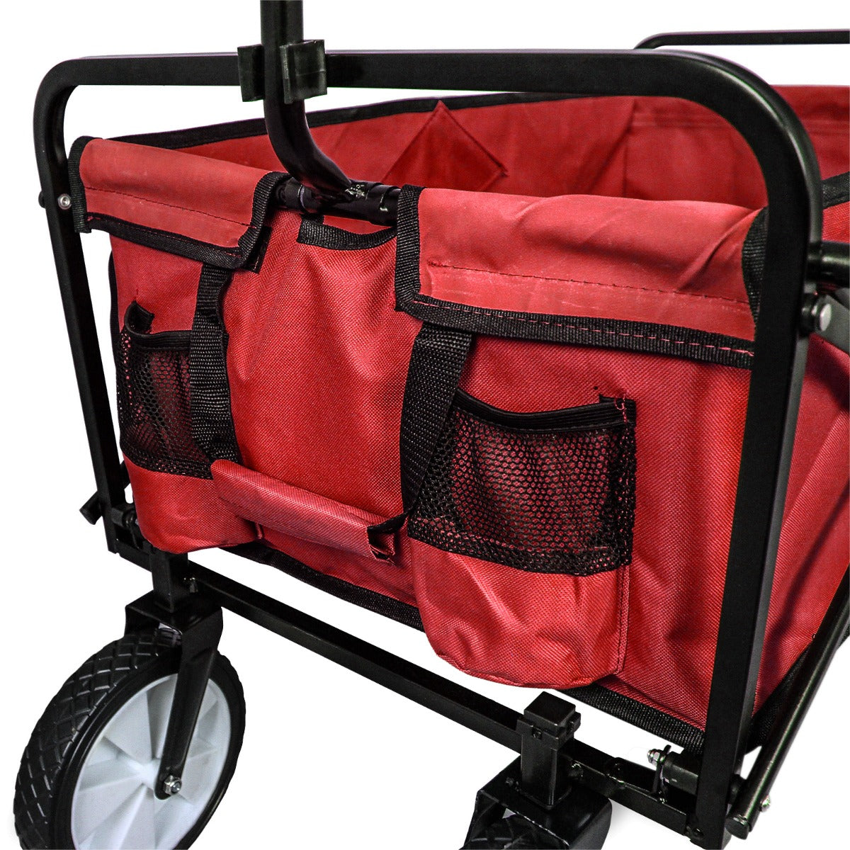 Carrello per giardinaggio pieghevole rosso con tasche laterali, struttura nera, ruote robuste e tessuto resistente per un uso pratico
