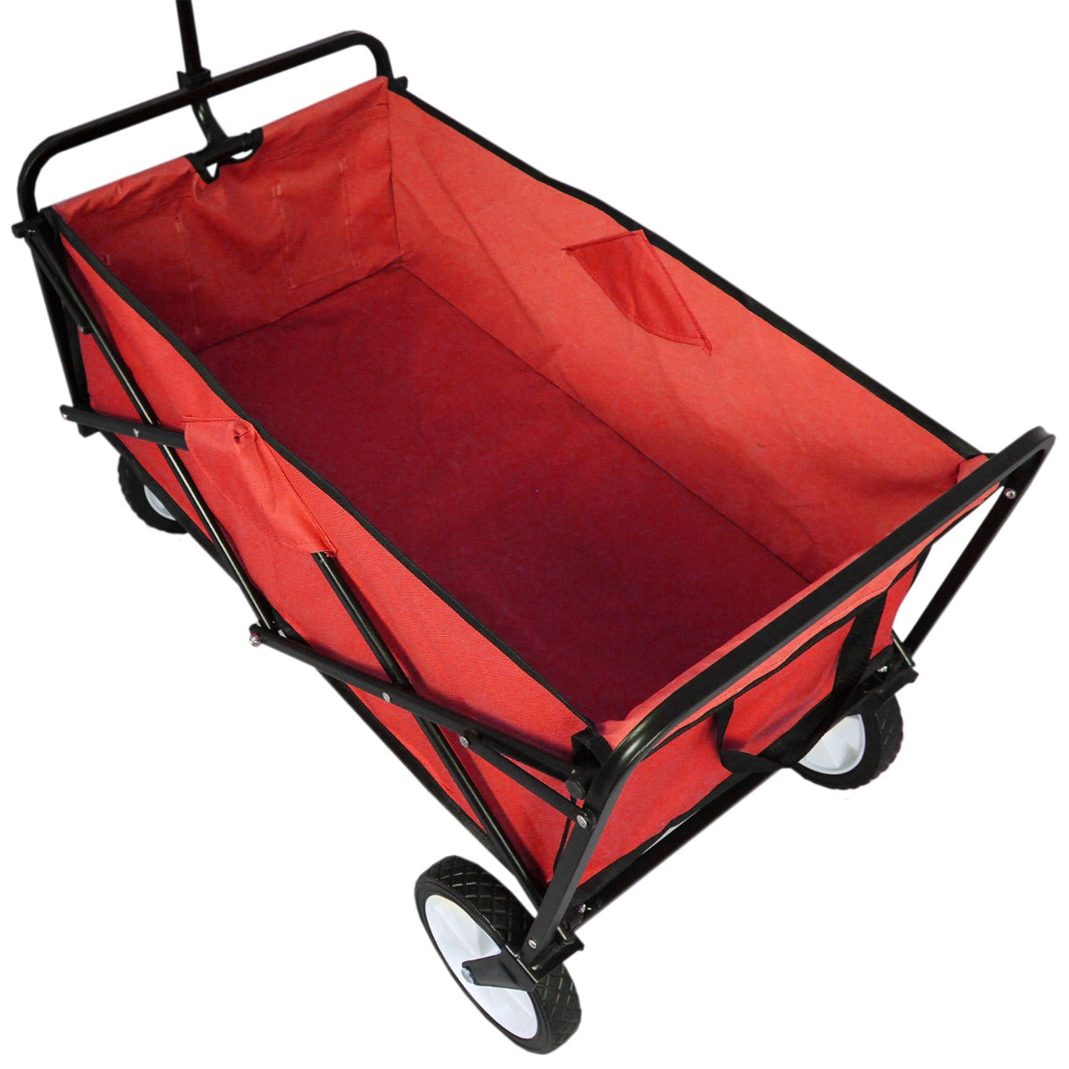 Carrello per giardinaggio pieghevole di colore rosso, con telaio nero, ruote robuste e interno spazioso in tessuto resistente