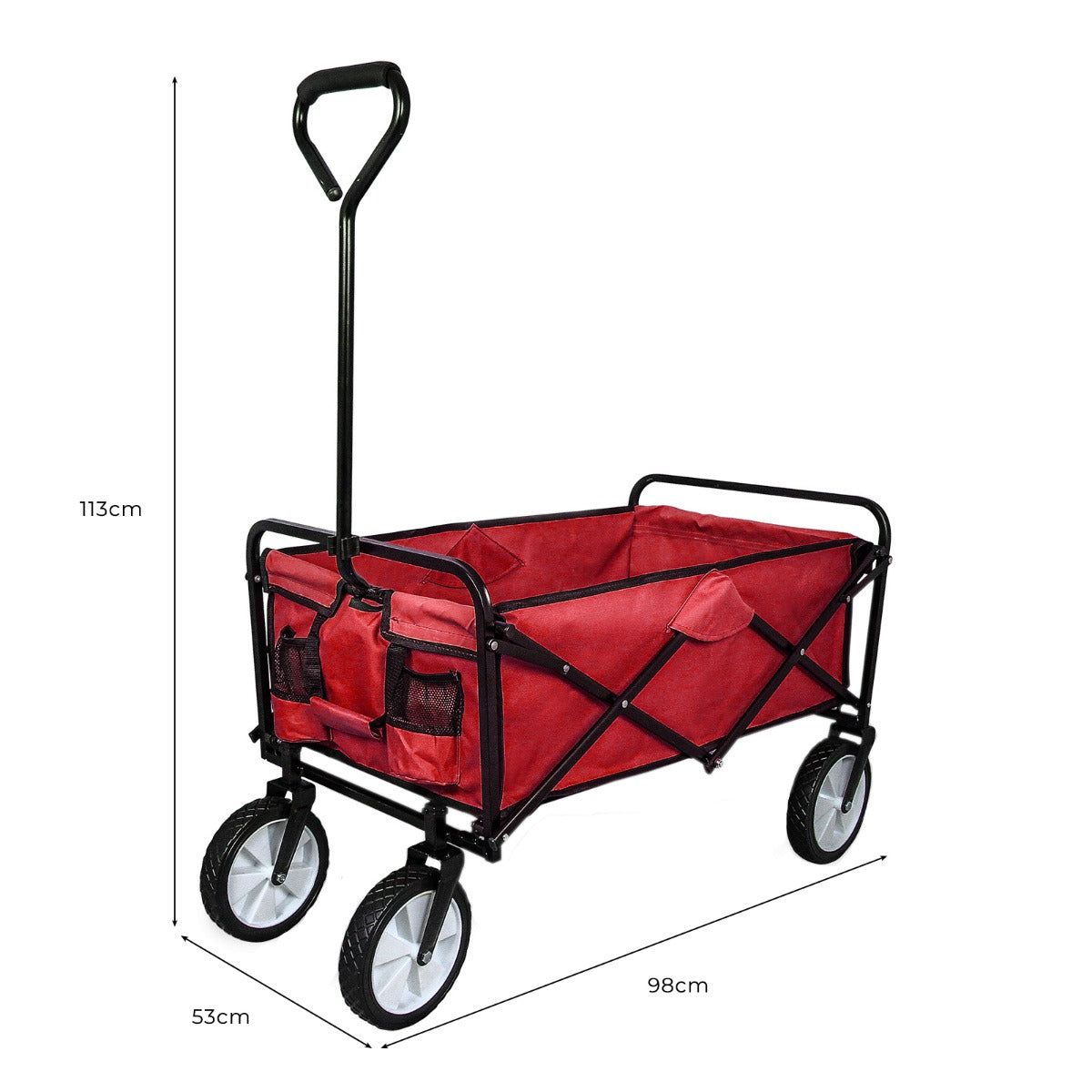 Carrello da giardinaggio pieghevole rosso con struttura nera, ruote bianche, manico ergonomico e tasche laterali per attrezzi