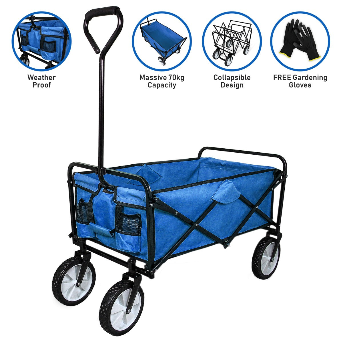 Carrello per giardinaggio pieghevole blu con manico ergonomico, ruote robuste e capacità di 70 kg, ideale per trasportare attrezzi e piante