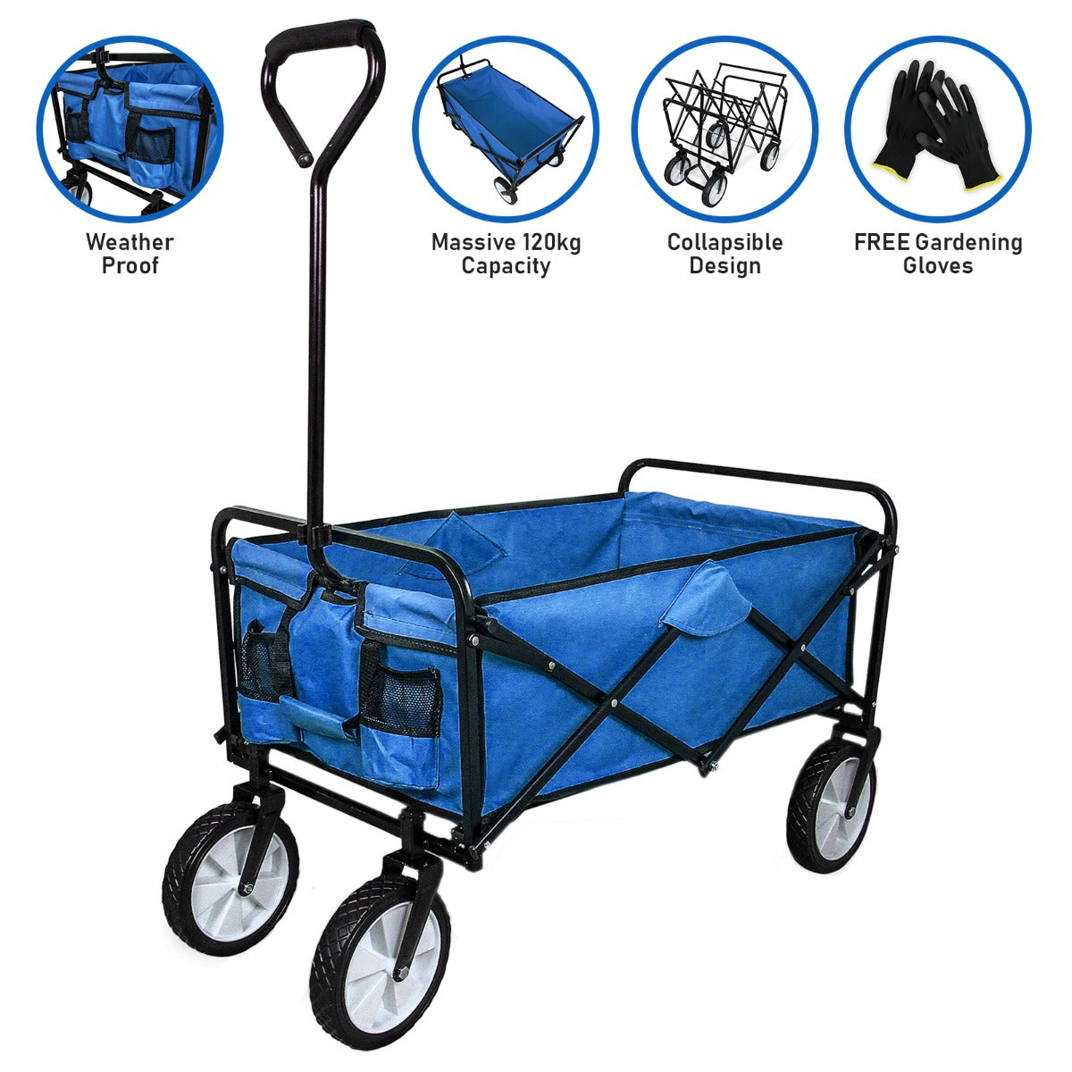 Carrello per giardinaggio pieghevole blu con manico ergonomico, ruote robuste e capacità di carico di 120 kg, include guanti omaggio
