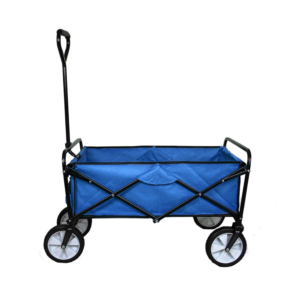 Carrello pieghevole per giardinaggio di colore blu, con struttura nera, manico ergonomico e ruote robuste per un facile trasporto