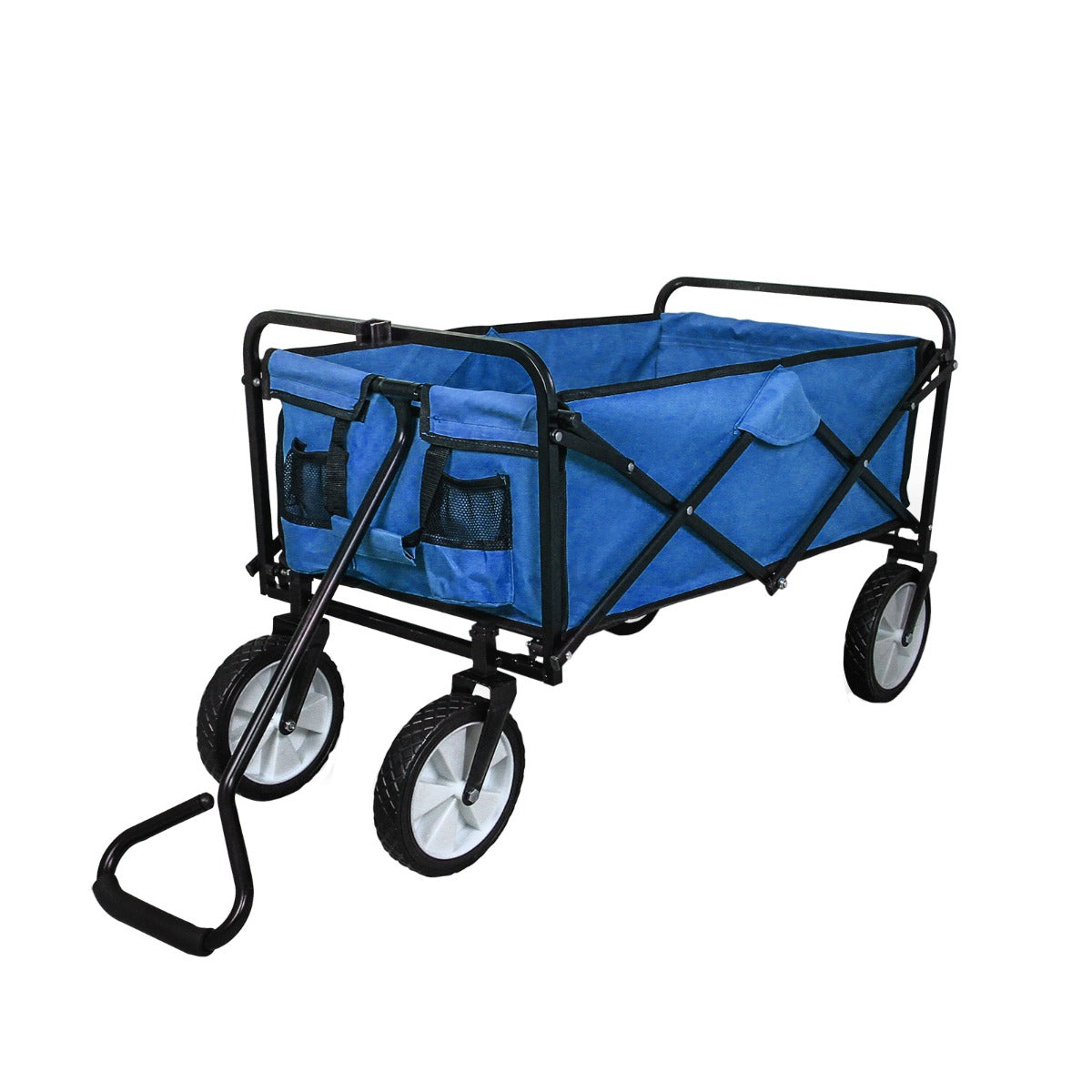 Carrello per giardinaggio pieghevole blu con struttura nera, ruote robuste e manico ergonomico, ideale per trasportare attrezzi e piante