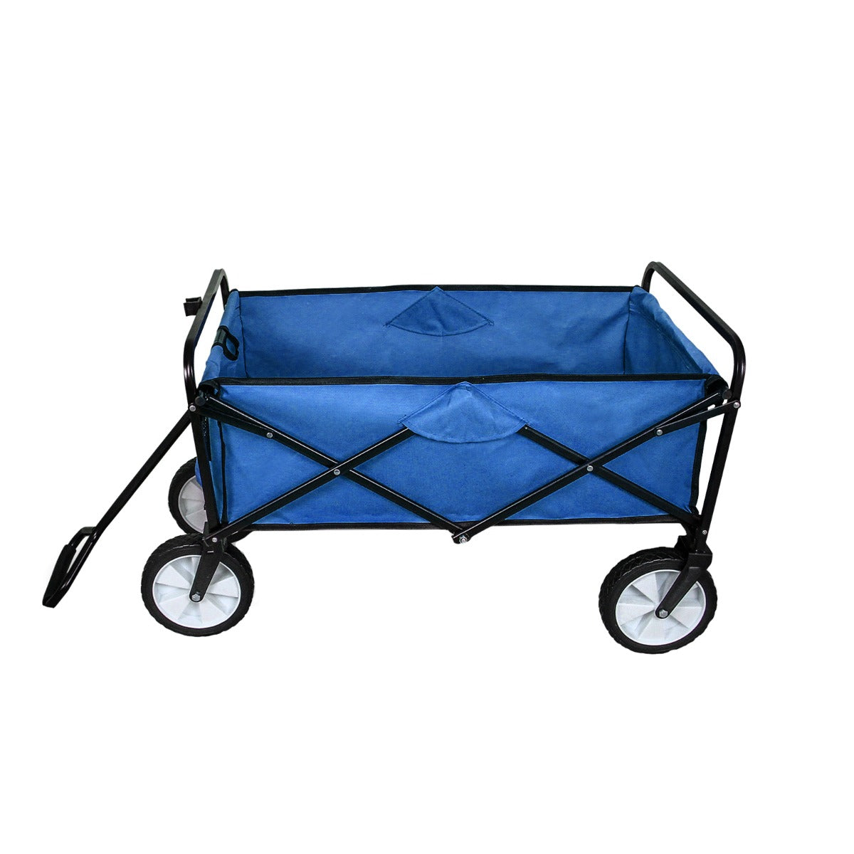 Carrello pieghevole per giardinaggio blu, con struttura in metallo nero e ruote bianche, ideale per trasportare attrezzi e piante