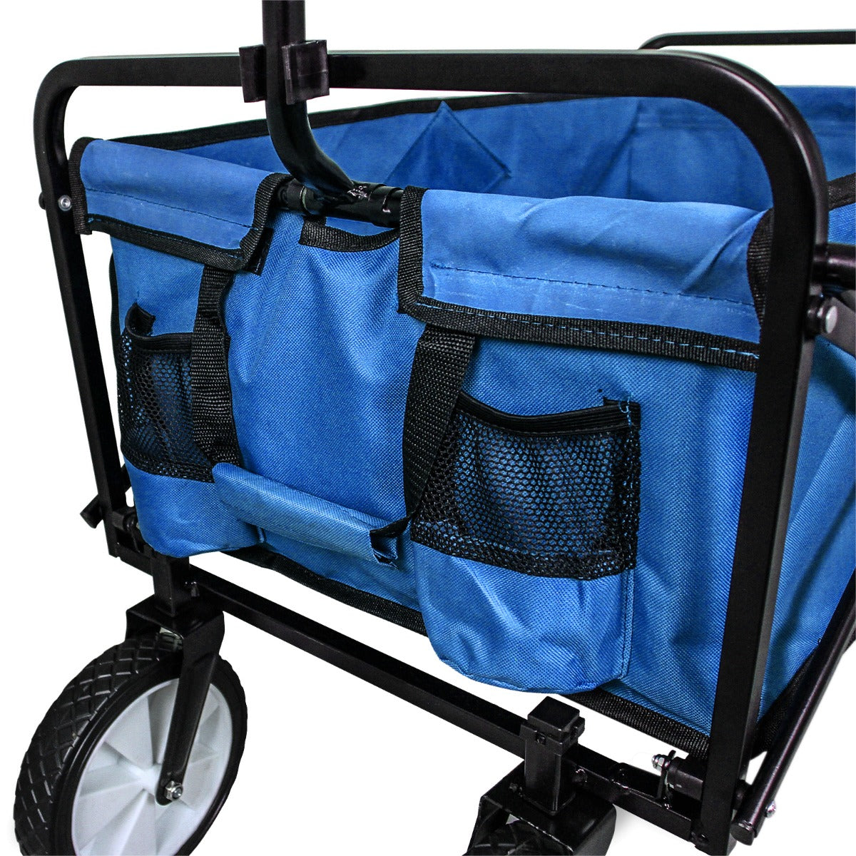 Carrello per giardinaggio pieghevole blu con tasche in rete, struttura nera e ruote robuste, ideale per trasportare attrezzi e piante