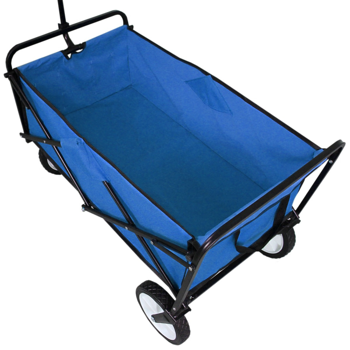Carrello per giardinaggio pieghevole di colore blu, con telaio nero e ruote robuste, ideale per trasportare attrezzi e piante