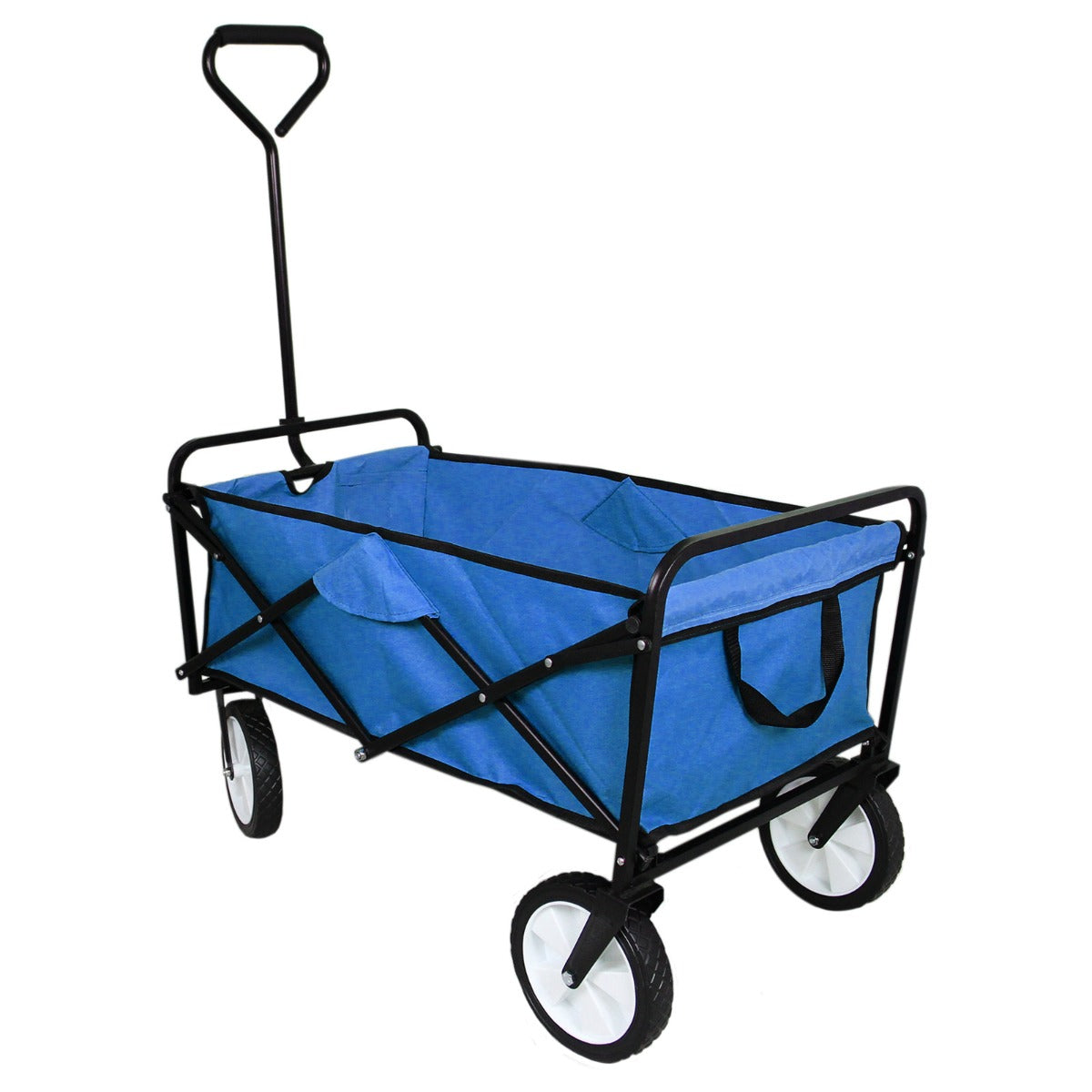 Carrello per giardinaggio pieghevole blu con struttura nera, ruote bianche e manico ergonomico per un facile trasporto