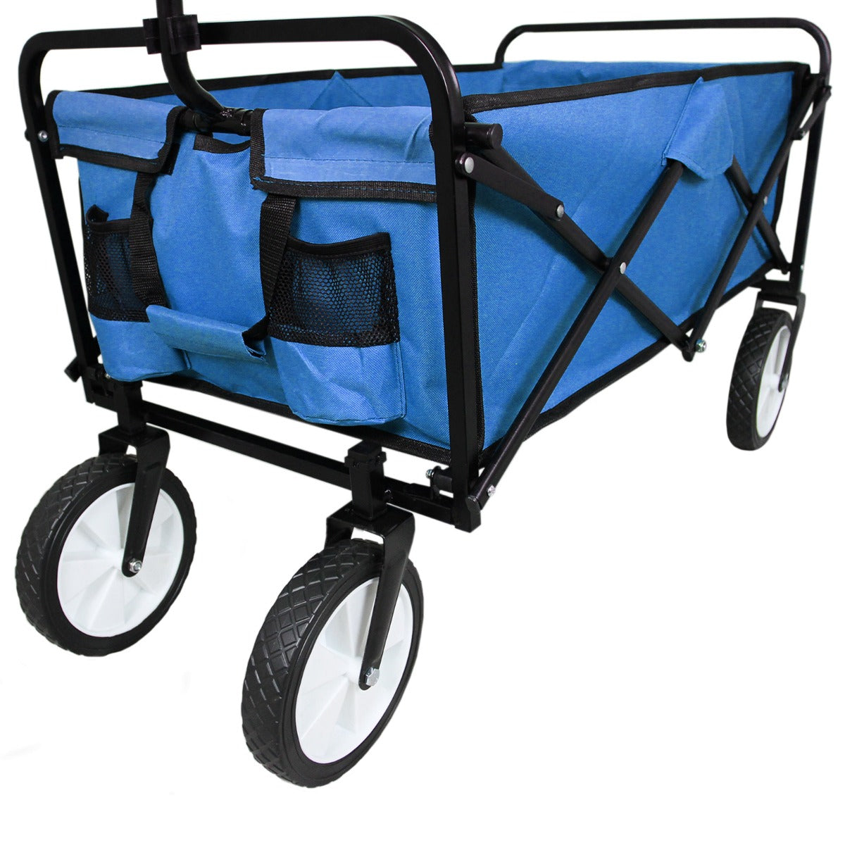 Carrello pieghevole per giardinaggio blu, con struttura nera, ruote robuste e tasche laterali in rete per accessori e attrezzi