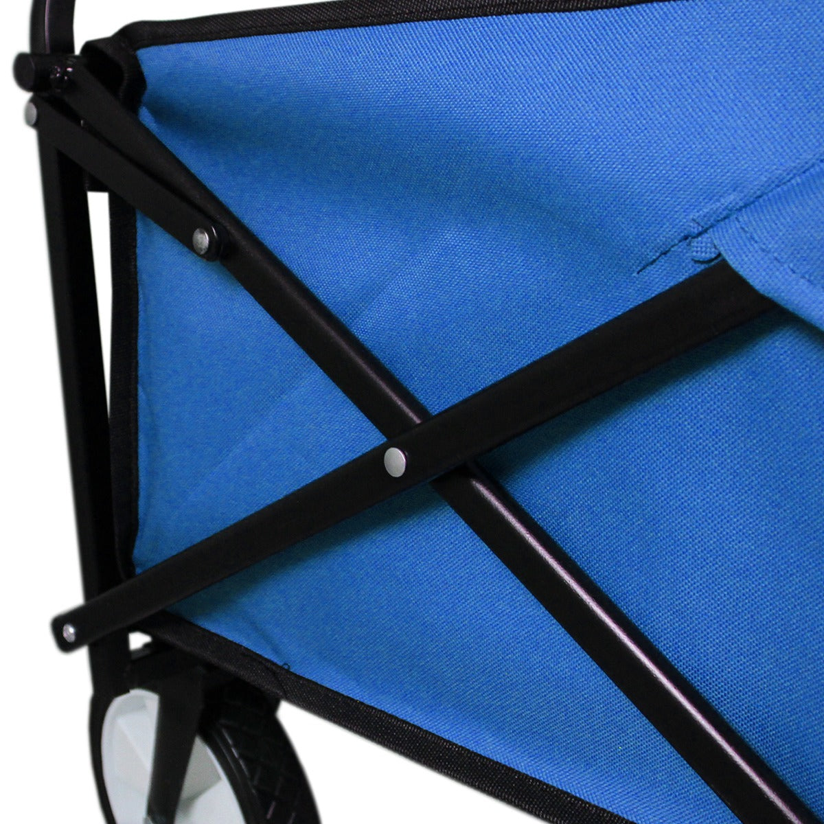 Carrello per giardinaggio pieghevole di colore blu, realizzato in tessuto resistente, con struttura nera e ruote per facilità di movimento